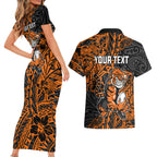 Personalized Wests Tigers Rugby Couples Matching Short Sleeve Bodycon Dress and Hawaiian Shirt Polynesian Tribal Tiger Warrior - Orange Black Art