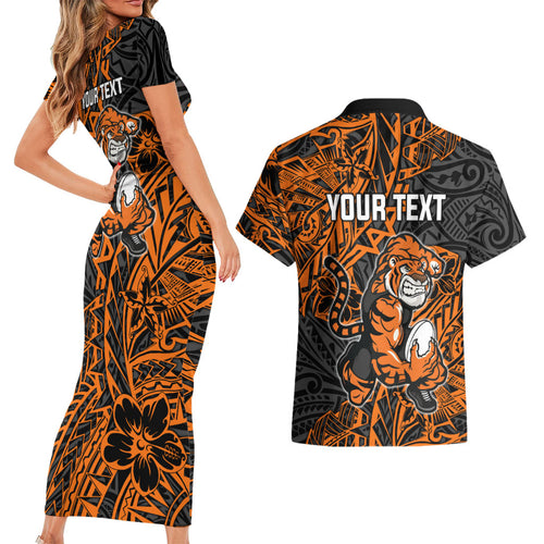 Personalized Wests Tigers Rugby Couples Matching Short Sleeve Bodycon Dress and Hawaiian Shirt Polynesian Tribal Tiger Warrior - Orange Black Art