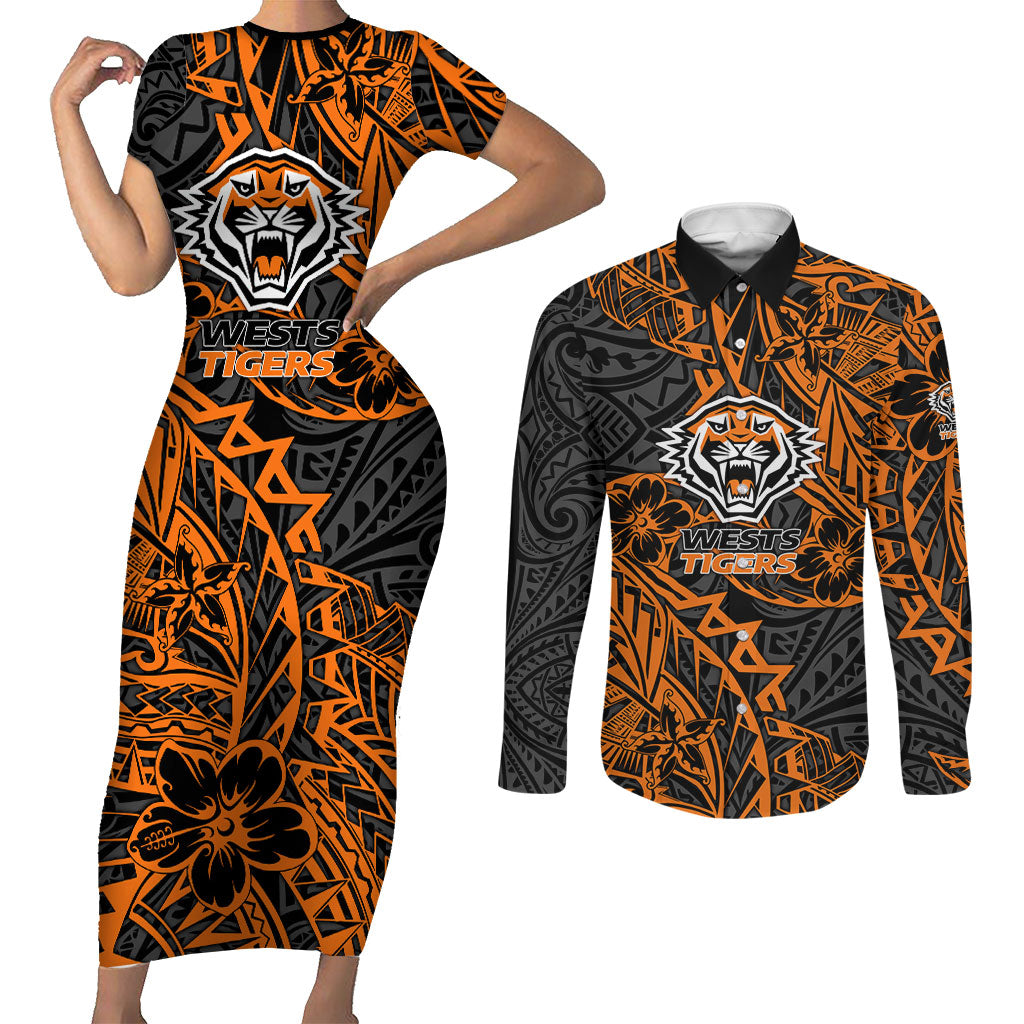 Personalized Wests Tigers Rugby Couples Matching Short Sleeve Bodycon Dress and Long Sleeve Button Shirt Polynesian Tribal Tiger Warrior - Orange Black Art