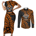 Personalized Wests Tigers Rugby Couples Matching Short Sleeve Bodycon Dress and Long Sleeve Button Shirt Polynesian Tribal Tiger Warrior - Orange Black Art