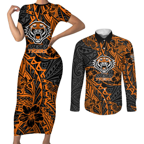 Personalized Wests Tigers Rugby Couples Matching Short Sleeve Bodycon Dress and Long Sleeve Button Shirt Polynesian Tribal Tiger Warrior - Orange Black Art