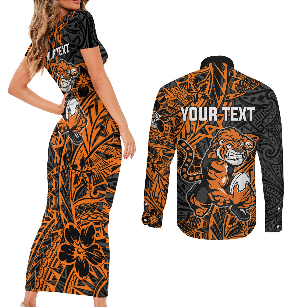 Personalized Wests Tigers Rugby Couples Matching Short Sleeve Bodycon Dress and Long Sleeve Button Shirt Polynesian Tribal Tiger Warrior - Orange Black Art