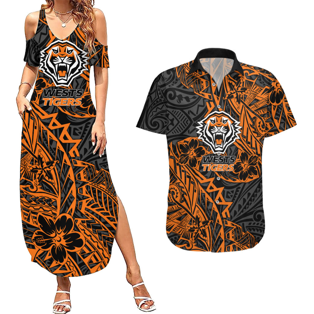 Personalized Wests Tigers Rugby Couples Matching Summer Maxi Dress and Hawaiian Shirt Polynesian Tribal Tiger Warrior - Orange Black Art