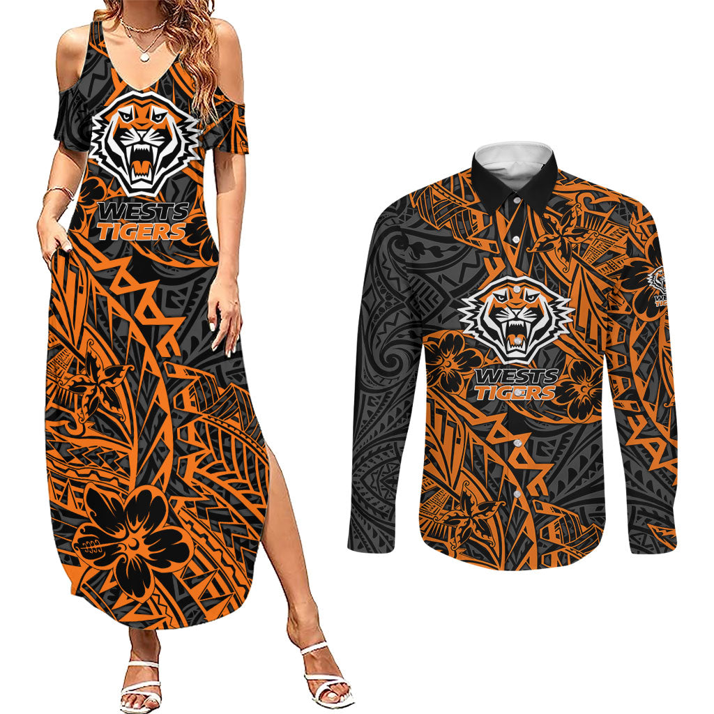 Personalized Wests Tigers Rugby Couples Matching Summer Maxi Dress and Long Sleeve Button Shirt Polynesian Tribal Tiger Warrior - Orange Black Art