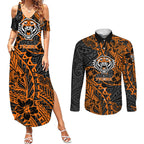 Personalized Wests Tigers Rugby Couples Matching Summer Maxi Dress and Long Sleeve Button Shirt Polynesian Tribal Tiger Warrior - Orange Black Art