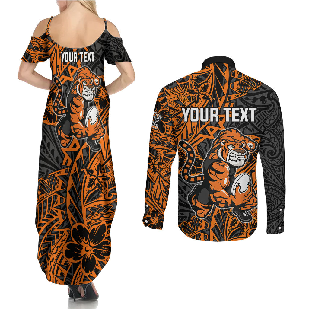 Personalized Wests Tigers Rugby Couples Matching Summer Maxi Dress and Long Sleeve Button Shirt Polynesian Tribal Tiger Warrior - Orange Black Art