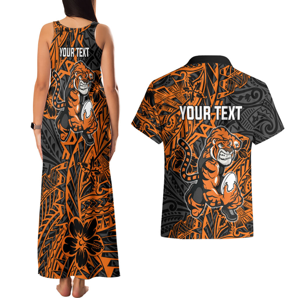 Personalized Wests Tigers Rugby Couples Matching Tank Maxi Dress and Hawaiian Shirt Polynesian Tribal Tiger Warrior - Orange Black Art