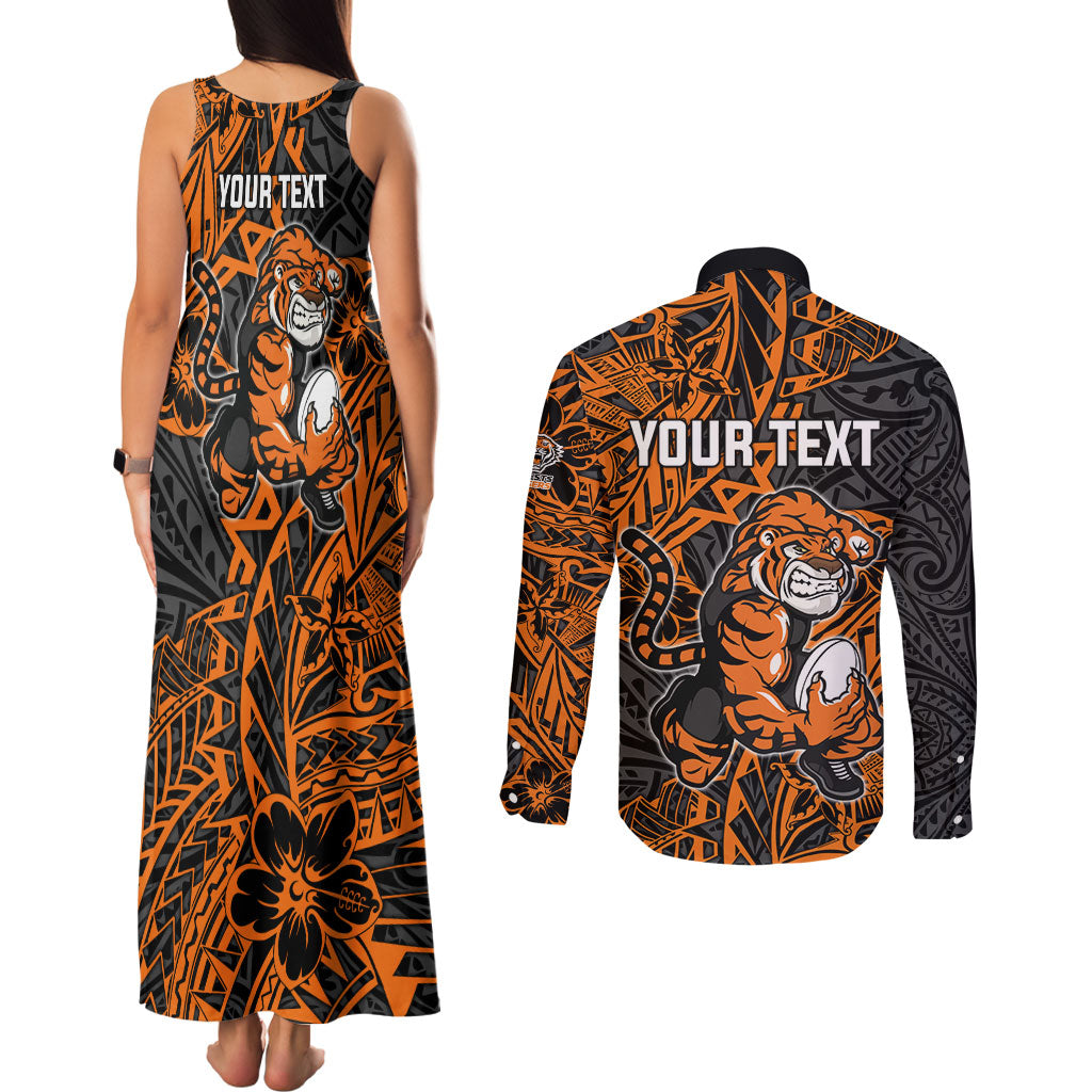 Personalized Wests Tigers Rugby Couples Matching Tank Maxi Dress and Long Sleeve Button Shirt Polynesian Tribal Tiger Warrior - Orange Black Art