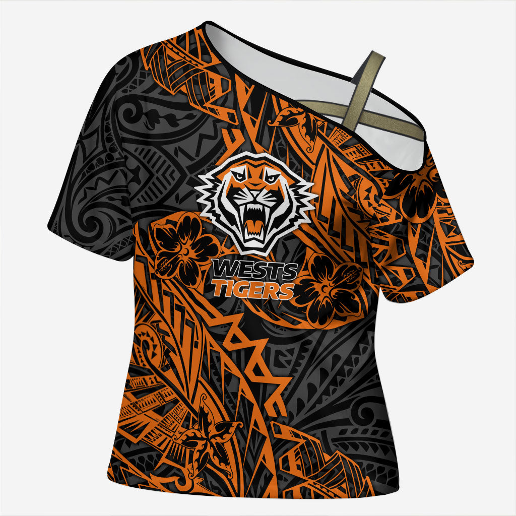 Personalized Wests Tigers Rugby Cross Shoulder Shirt Polynesian Tribal Tiger Warrior - Orange Black Art