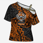 Personalized Wests Tigers Rugby Cross Shoulder Shirt Polynesian Tribal Tiger Warrior - Orange Black Art