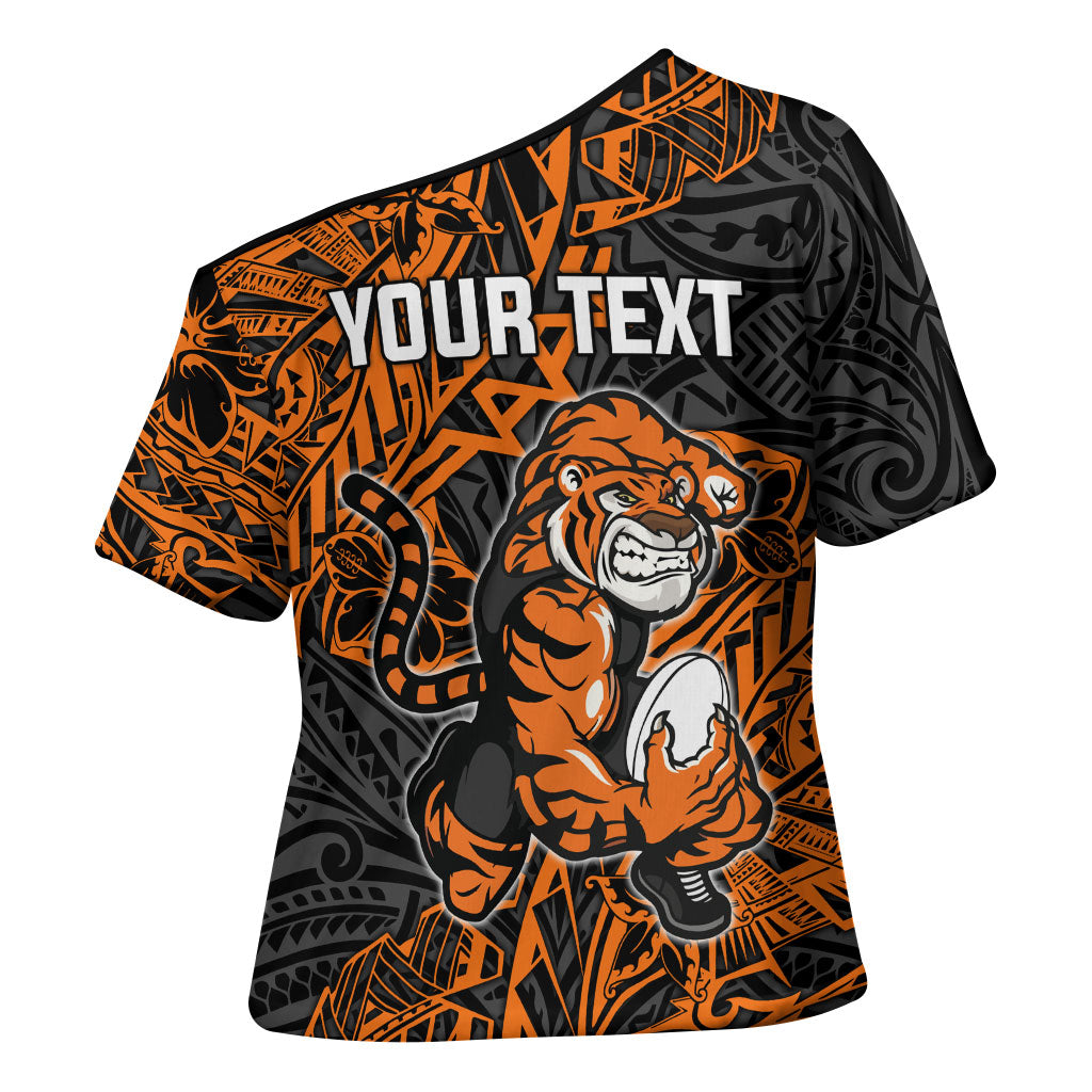 Personalized Wests Tigers Rugby Cross Shoulder Shirt Polynesian Tribal Tiger Warrior - Orange Black Art