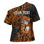 Personalized Wests Tigers Rugby Cross Shoulder Shirt Polynesian Tribal Tiger Warrior - Orange Black Art