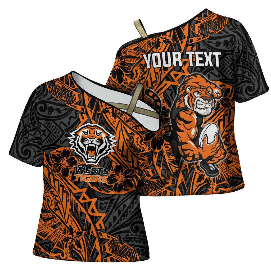 Personalized Wests Tigers Rugby Cross Shoulder Shirt Polynesian Tribal Tiger Warrior - Orange Black Art