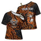 Personalized Wests Tigers Rugby Cross Shoulder Shirt Polynesian Tribal Tiger Warrior - Orange Black Art