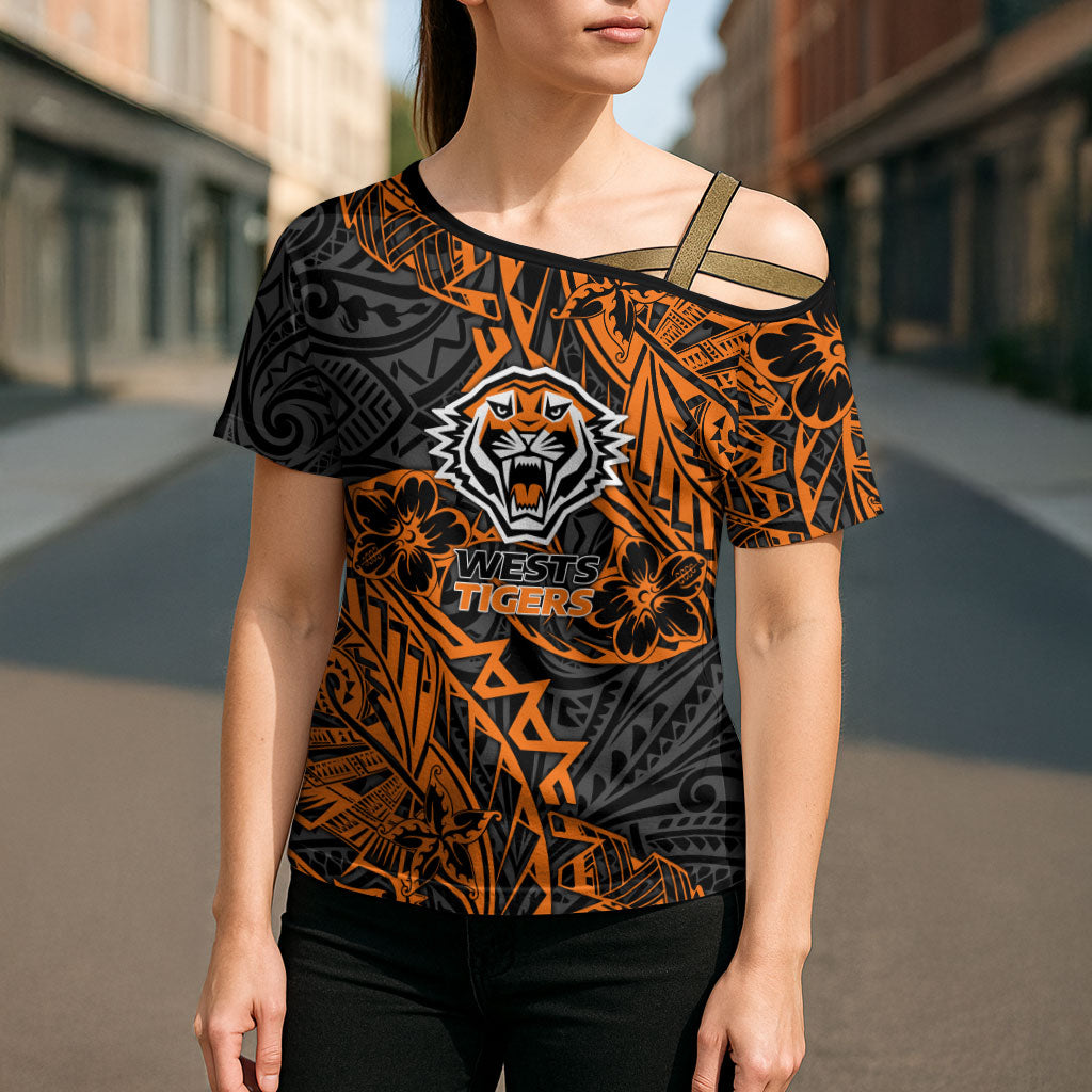 Personalized Wests Tigers Rugby Cross Shoulder Shirt Polynesian Tribal Tiger Warrior - Orange Black Art