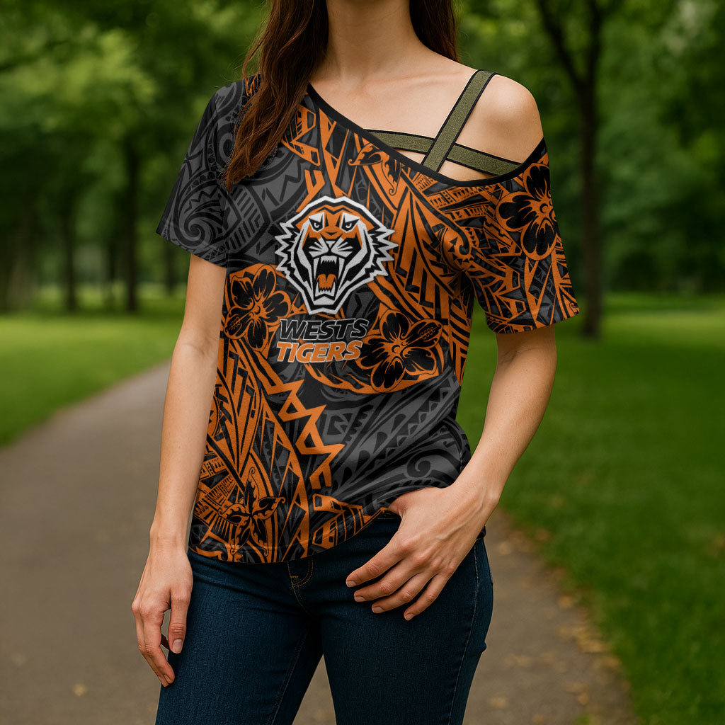 Personalized Wests Tigers Rugby Cross Shoulder Shirt Polynesian Tribal Tiger Warrior - Orange Black Art