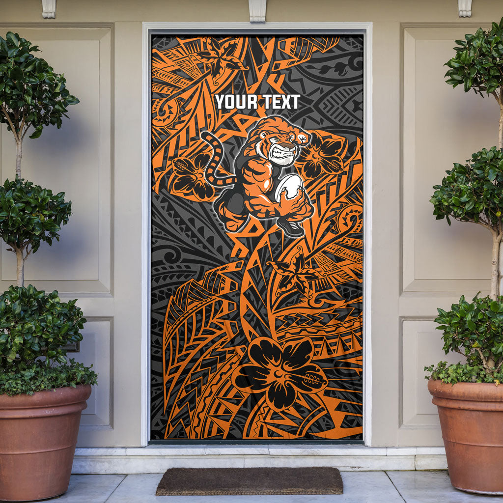 Personalized Wests Tigers Rugby Door Cover Polynesian Tribal Tiger Warrior - Orange Black Art