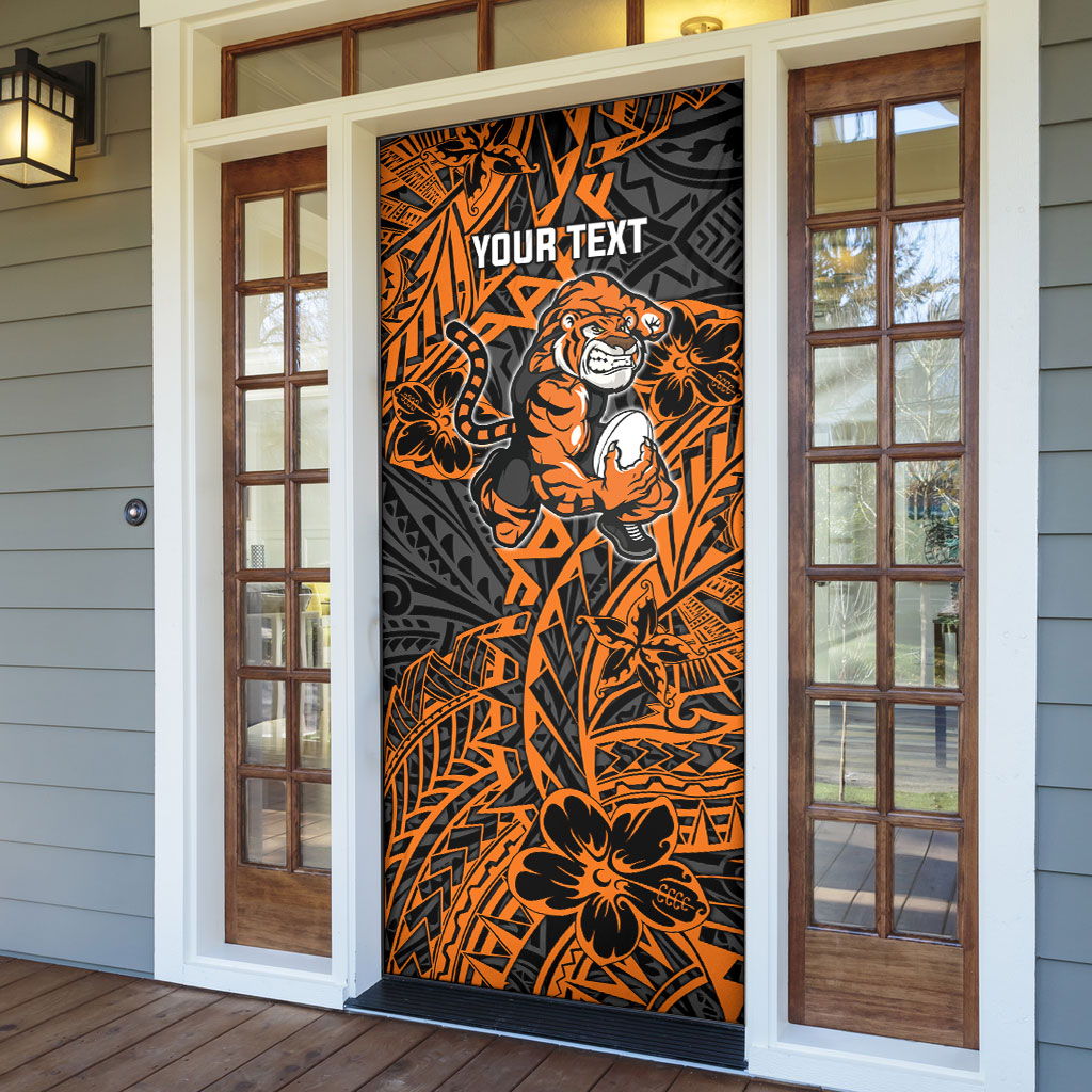 Personalized Wests Tigers Rugby Door Cover Polynesian Tribal Tiger Warrior - Orange Black Art