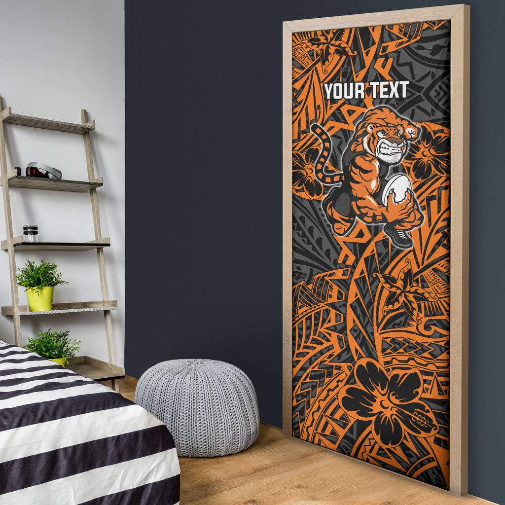Personalized Wests Tigers Rugby Door Cover Polynesian Tribal Tiger Warrior - Orange Black Art