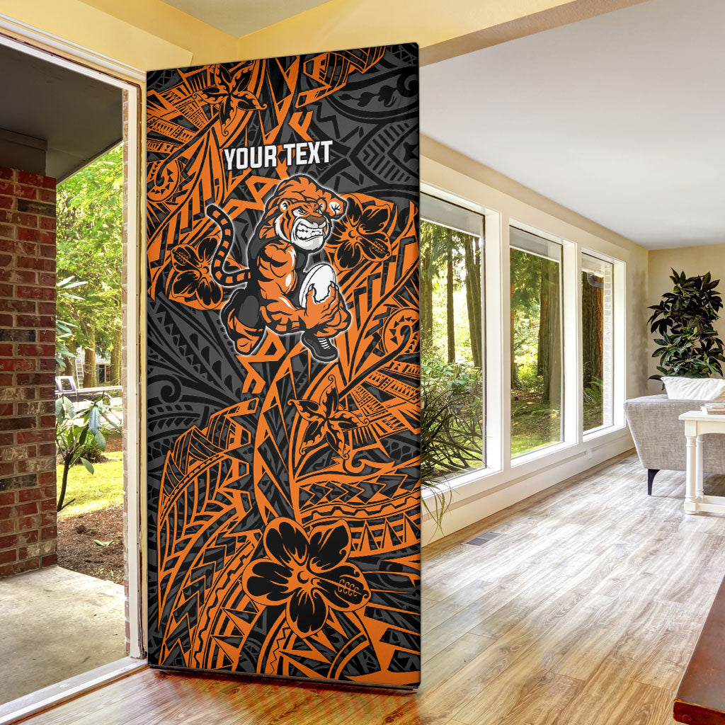 Personalized Wests Tigers Rugby Door Cover Polynesian Tribal Tiger Warrior - Orange Black Art