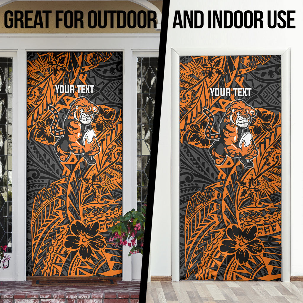 Personalized Wests Tigers Rugby Door Cover Polynesian Tribal Tiger Warrior - Orange Black Art