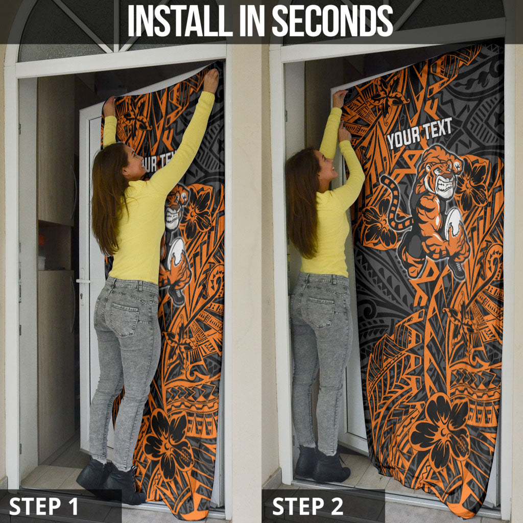Personalized Wests Tigers Rugby Door Cover Polynesian Tribal Tiger Warrior - Orange Black Art