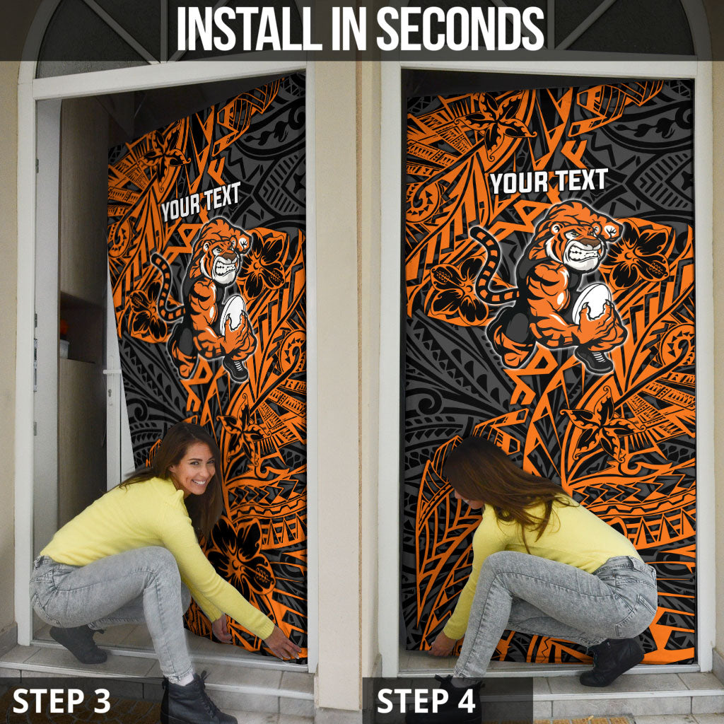 Personalized Wests Tigers Rugby Door Cover Polynesian Tribal Tiger Warrior - Orange Black Art