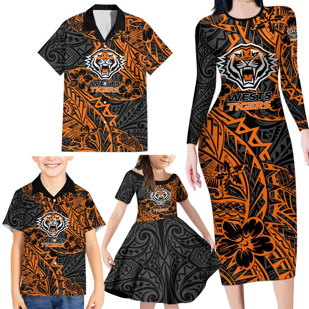 Personalized Wests Tigers Rugby Family Matching Long Sleeve Bodycon Dress and Hawaiian Shirt Polynesian Tribal Tiger Warrior - Orange Black Art