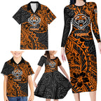 Personalized Wests Tigers Rugby Family Matching Long Sleeve Bodycon Dress and Hawaiian Shirt Polynesian Tribal Tiger Warrior - Orange Black Art