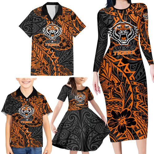 Personalized Wests Tigers Rugby Family Matching Long Sleeve Bodycon Dress and Hawaiian Shirt Polynesian Tribal Tiger Warrior - Orange Black Art