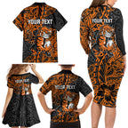 Personalized Wests Tigers Rugby Family Matching Long Sleeve Bodycon Dress and Hawaiian Shirt Polynesian Tribal Tiger Warrior - Orange Black Art