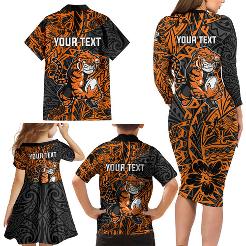 Personalized Wests Tigers Rugby Family Matching Long Sleeve Bodycon Dress and Hawaiian Shirt Polynesian Tribal Tiger Warrior - Orange Black Art