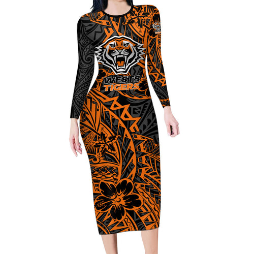 Personalized Wests Tigers Rugby Family Matching Long Sleeve Bodycon Dress and Hawaiian Shirt Polynesian Tribal Tiger Warrior - Orange Black Art