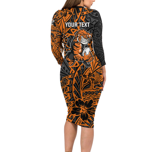 Personalized Wests Tigers Rugby Family Matching Long Sleeve Bodycon Dress and Hawaiian Shirt Polynesian Tribal Tiger Warrior - Orange Black Art