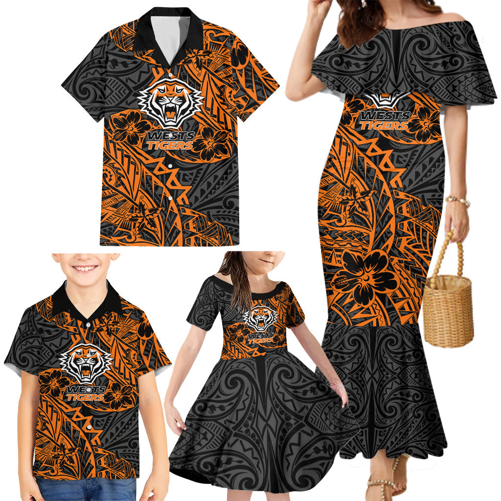 Personalized Wests Tigers Rugby Family Matching Mermaid Dress and Hawaiian Shirt Polynesian Tribal Tiger Warrior - Orange Black Art