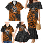Personalized Wests Tigers Rugby Family Matching Mermaid Dress and Hawaiian Shirt Polynesian Tribal Tiger Warrior - Orange Black Art