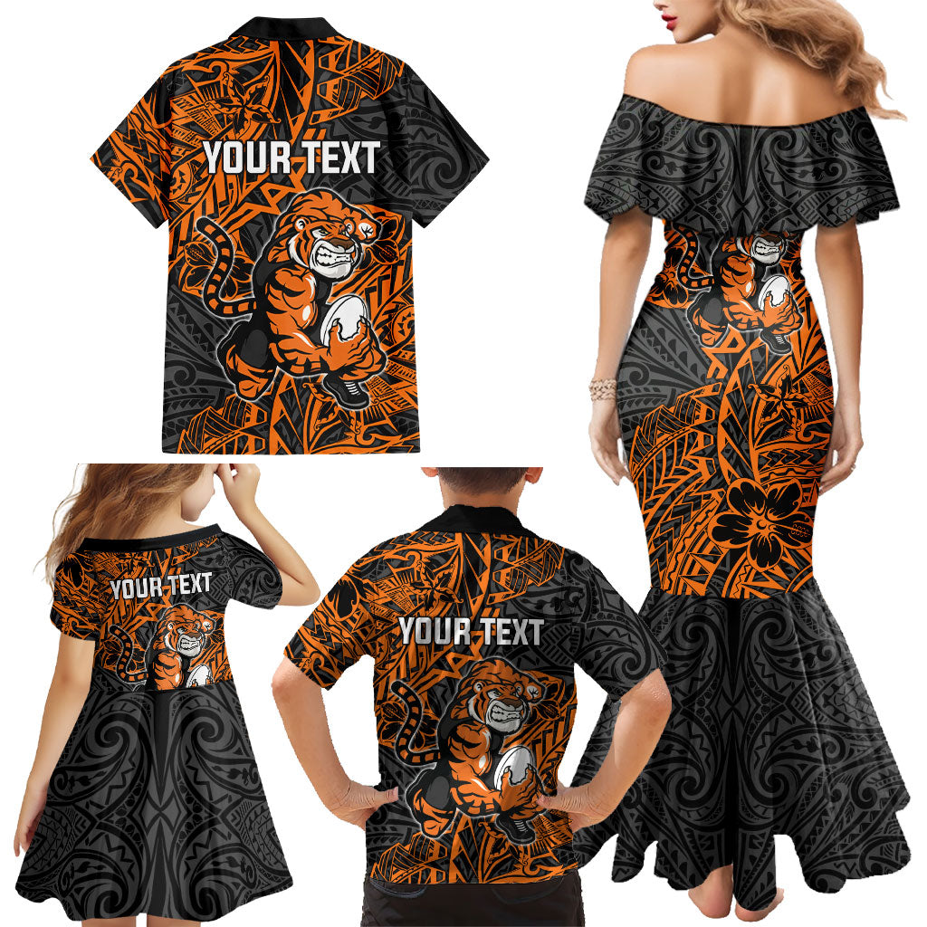 Personalized Wests Tigers Rugby Family Matching Mermaid Dress and Hawaiian Shirt Polynesian Tribal Tiger Warrior - Orange Black Art
