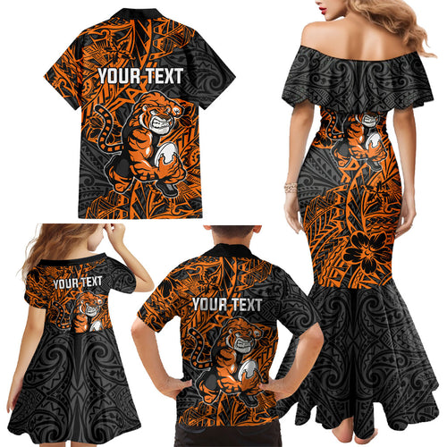 Personalized Wests Tigers Rugby Family Matching Mermaid Dress and Hawaiian Shirt Polynesian Tribal Tiger Warrior - Orange Black Art