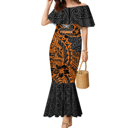 Personalized Wests Tigers Rugby Family Matching Mermaid Dress and Hawaiian Shirt Polynesian Tribal Tiger Warrior - Orange Black Art