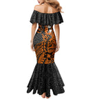 Personalized Wests Tigers Rugby Family Matching Mermaid Dress and Hawaiian Shirt Polynesian Tribal Tiger Warrior - Orange Black Art