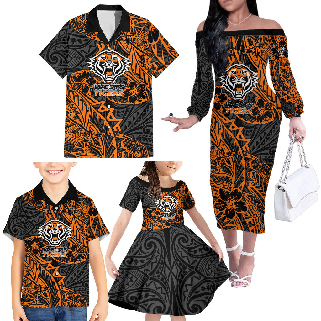 Personalized Wests Tigers Rugby Family Matching Off The Shoulder Long Sleeve Dress and Hawaiian Shirt Polynesian Tribal Tiger Warrior - Orange Black Art