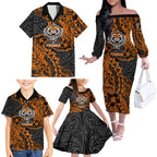 Personalized Wests Tigers Rugby Family Matching Off The Shoulder Long Sleeve Dress and Hawaiian Shirt Polynesian Tribal Tiger Warrior - Orange Black Art