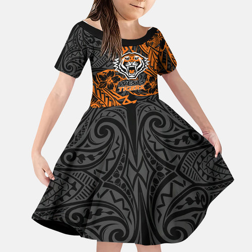 Personalized Wests Tigers Rugby Family Matching Off The Shoulder Long Sleeve Dress and Hawaiian Shirt Polynesian Tribal Tiger Warrior - Orange Black Art
