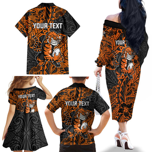 Personalized Wests Tigers Rugby Family Matching Off The Shoulder Long Sleeve Dress and Hawaiian Shirt Polynesian Tribal Tiger Warrior - Orange Black Art