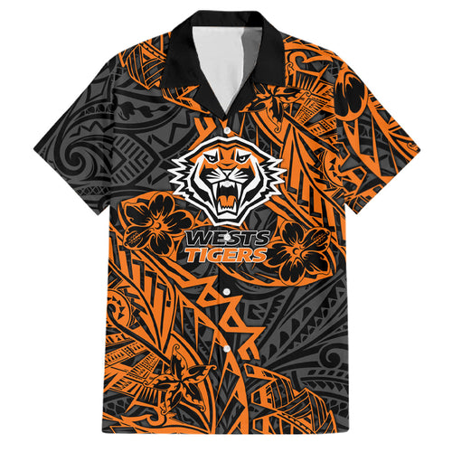 Personalized Wests Tigers Rugby Family Matching Off The Shoulder Long Sleeve Dress and Hawaiian Shirt Polynesian Tribal Tiger Warrior - Orange Black Art