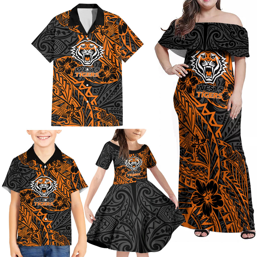 Personalized Wests Tigers Rugby Family Matching Off Shoulder Maxi Dress and Hawaiian Shirt Polynesian Tribal Tiger Warrior - Orange Black Art