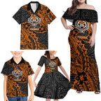 Personalized Wests Tigers Rugby Family Matching Off Shoulder Maxi Dress and Hawaiian Shirt Polynesian Tribal Tiger Warrior - Orange Black Art