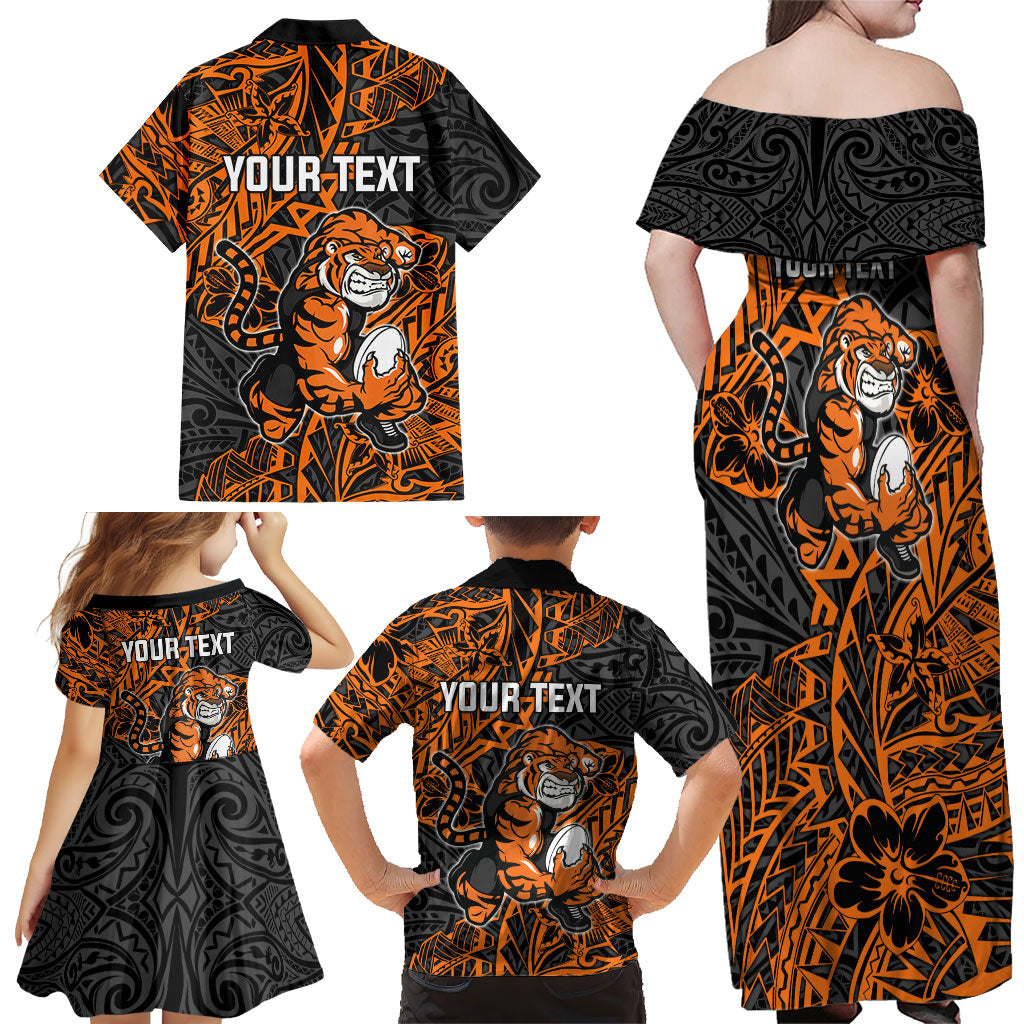 Personalized Wests Tigers Rugby Family Matching Off Shoulder Maxi Dress and Hawaiian Shirt Polynesian Tribal Tiger Warrior - Orange Black Art