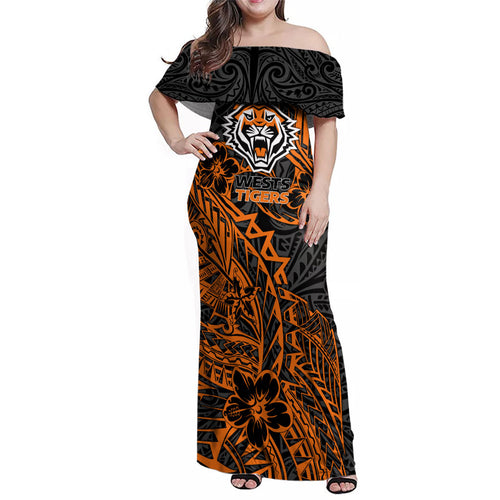 Personalized Wests Tigers Rugby Family Matching Off Shoulder Maxi Dress and Hawaiian Shirt Polynesian Tribal Tiger Warrior - Orange Black Art
