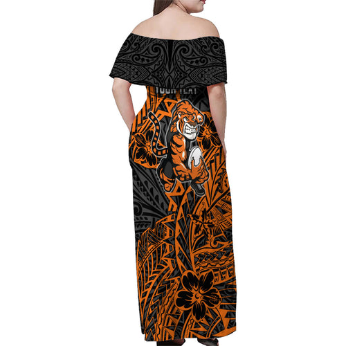 Personalized Wests Tigers Rugby Family Matching Off Shoulder Maxi Dress and Hawaiian Shirt Polynesian Tribal Tiger Warrior - Orange Black Art
